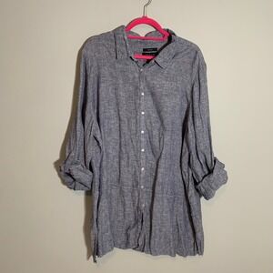 Tahari 100% Linen Button Front Shirt Blue Chambray Roll Tab Sleeves Women 3X